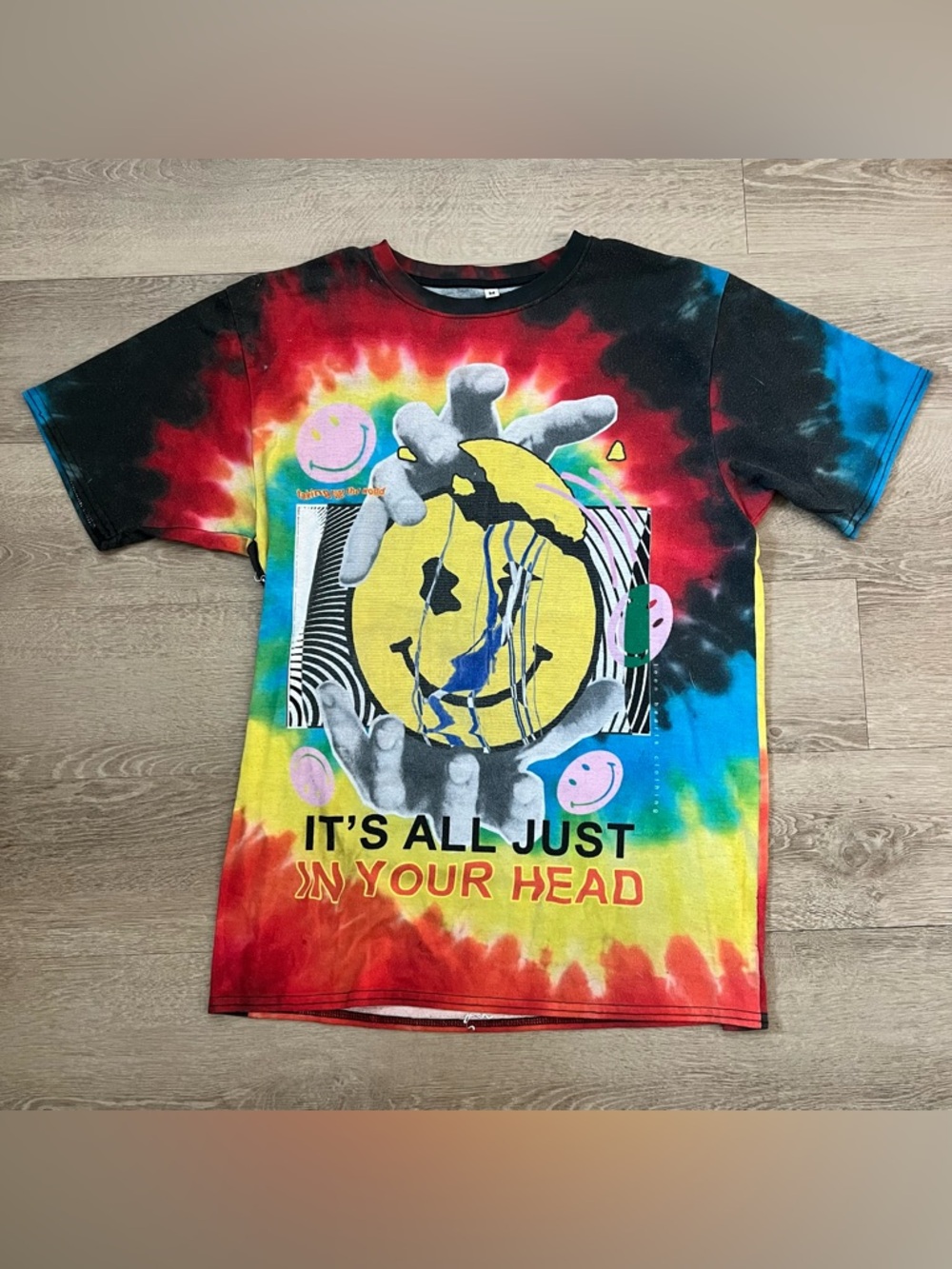 Tie-Dye Graphic Short Sleeve Tee with Yellow Smile Motif